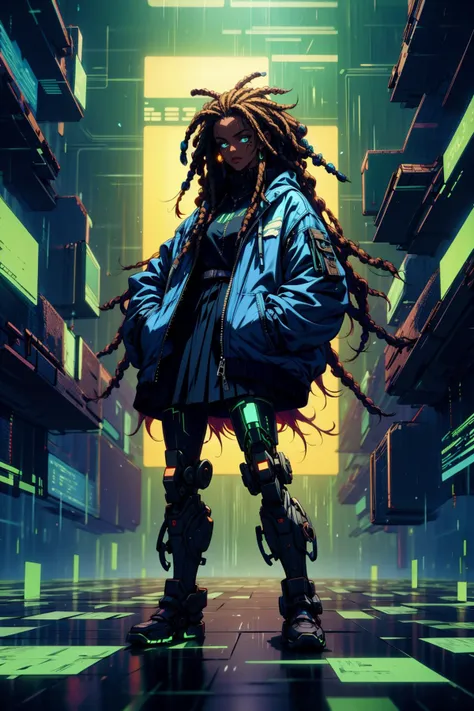 a woman in a blue jacket and dreadlocks stands in a futuristic city