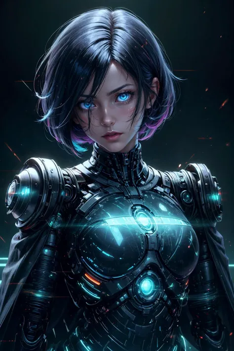 a woman in a futuristic suit with glowing blue eyes