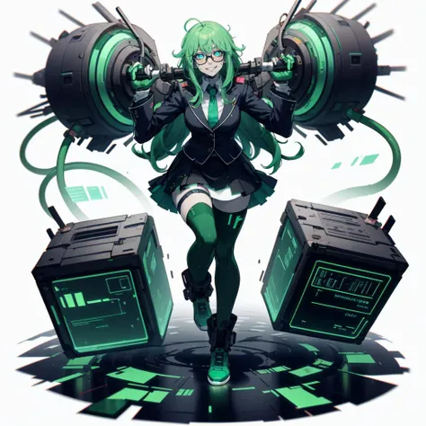 (simple background:1.2), ( white background:1.2),  full body,looking at viewer,
1girl,  lifting a giant cube, suit, miniskirt,(academy uniform:0.65) , grin wide  smile , messy hair,  long hair, (pale skin:1.1)
monster girl,  colored skin, green hair ,  glo...