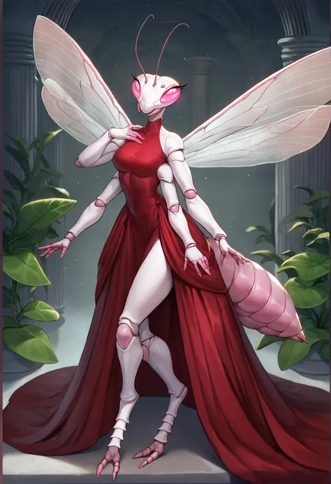 a woman in a red dress and a white and pink insect