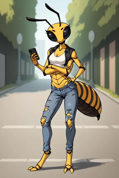 a cartoon of a woman in a bee costume holding a cell phone