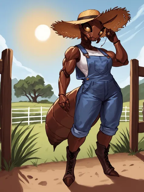 a cartoon of a woman in overalls and a straw hat