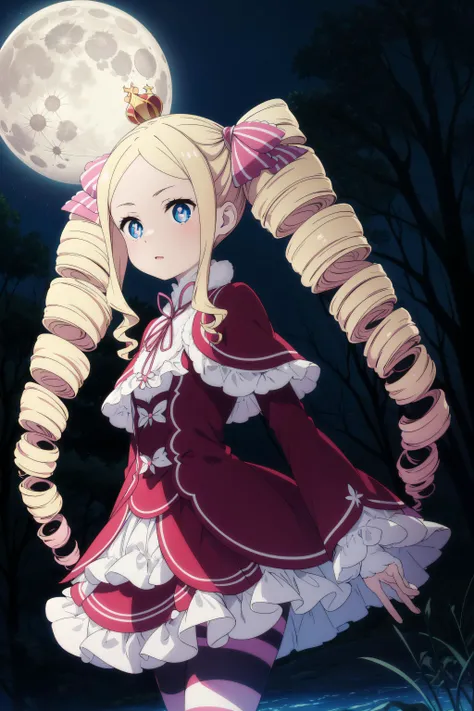 masterpiece, best quality, epic lighting, cinematic composition, beatrice, Betty, beatrice (re:zero), 1girl, blonde hair, blue eyes, , capelet, cowboy shot, crown, dress, drill hair, hair ribbon, long hair, mini crown, neck ribbon, pantyhose, pink hair, pi...