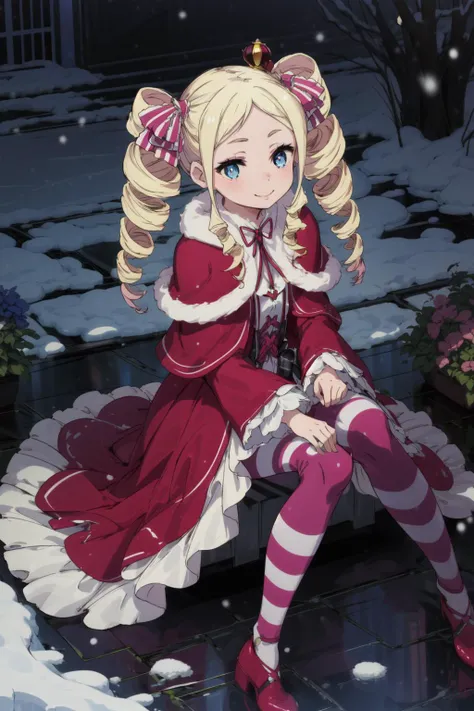 masterpiece,best quality,1girl,Betty,blonde hair,drill hair,twin drills,very long hair,hair ribbon,blue eyes,striped legwear,fur-trimmed coat,fur trim,cape,smile,garden,snowing,<lora:CHAR-Re Zero-BettyV1-Eternal2kPP:0.8>,