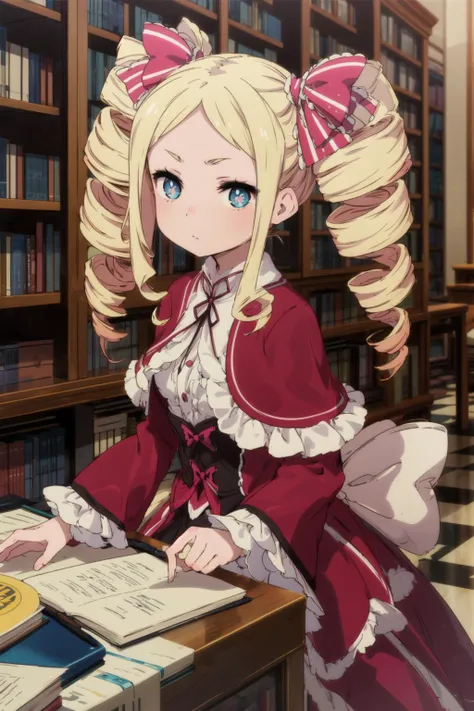 masterpiece,best quality,1girl,Betty,blonde hair,drill hair,twin drills,hair ribbon,blue eyes,expressionless,library,counter,<lora:CHAR-Re Zero-BettyV1-Eternal2kPP:0.8>,