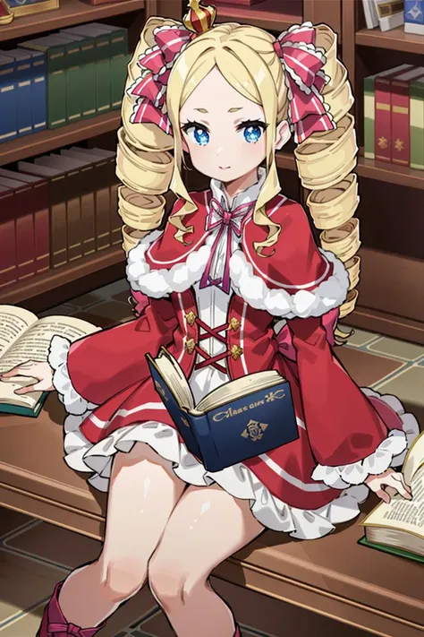 anime girl sitting on a bench reading a book in a library