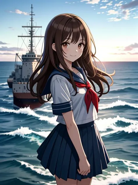 best quality, masterpiece, detailed,
1girl, closed mouth, light smile,
brown hair, brown eyes, long hair,
serafuku, short sleeves, blue skirt, red neckerchief,
standing, looking at viewer, facing viewer, arms at sides,
ocean, (ship, military vehicle:1.2)