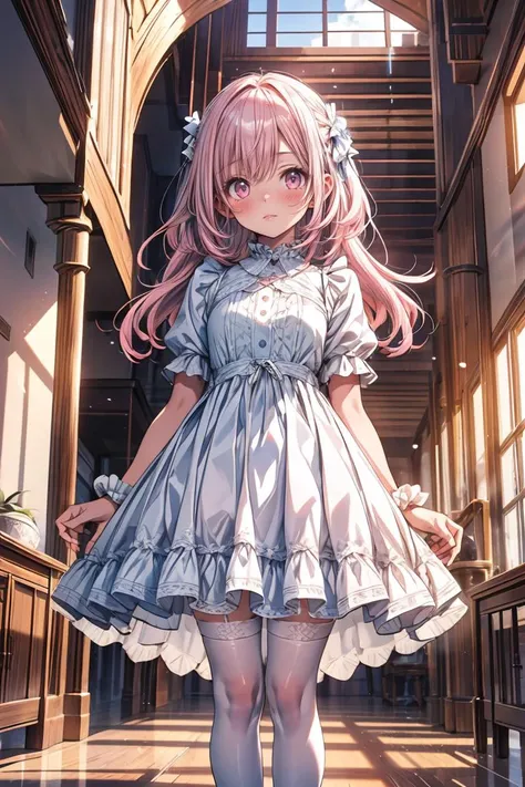 (masterpiece, best quality), 1girl, blue and white frill dress, (white stockings), pink hair, cute face, standing, indoor, intricate detail, sunlight, <lora:add_detail:1>