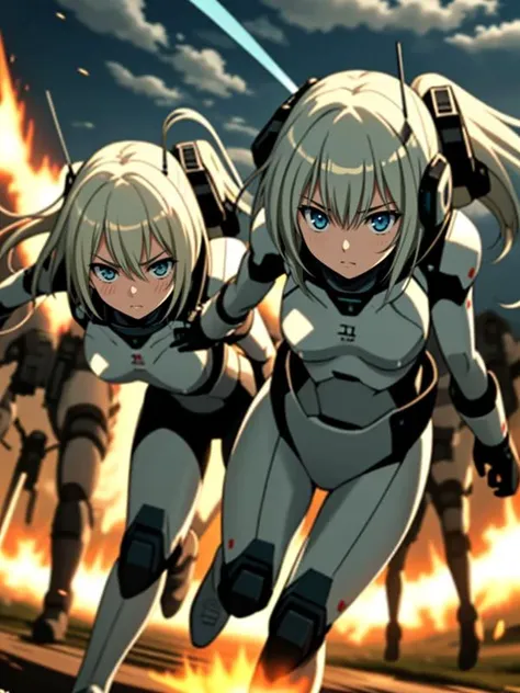 2 girls, sci-fi, white battle suits, determined face, running battlefield, fire, dutch angle