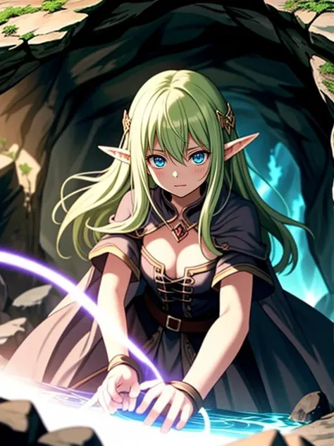 2 girls, fantasy, elf, cave dungeon, attacking, glowing magic circle, surprise