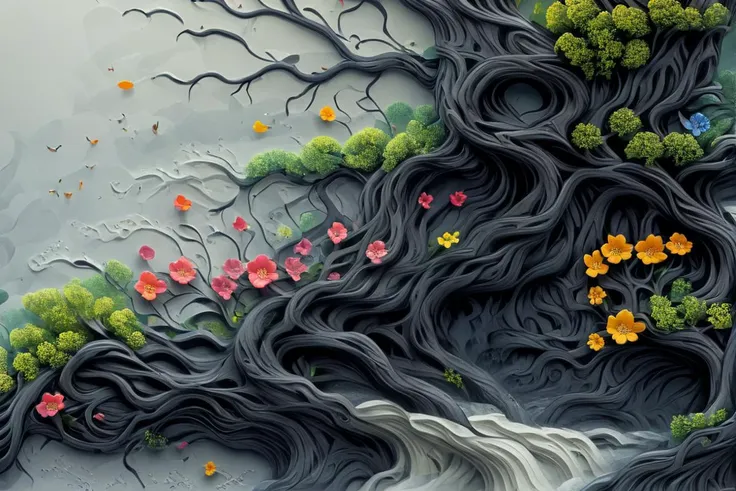 there is a painting of a tree with flowers and a waterfall