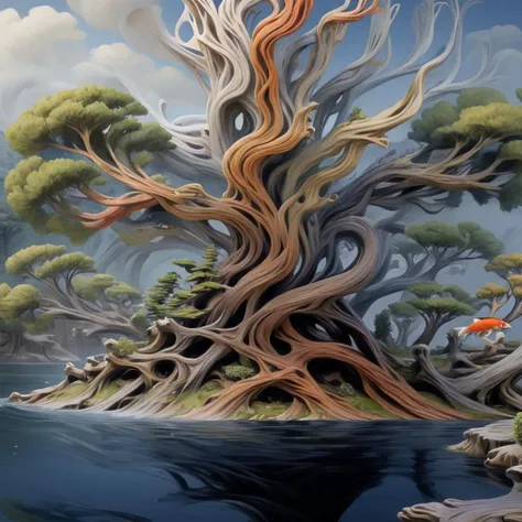 painting of a tree with a bird perched on it's trunk