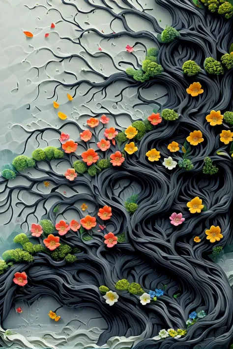 a close up of a painting of a tree with flowers