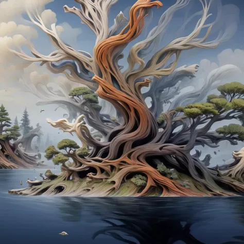 painting of a tree with a lake and a mountain in the background