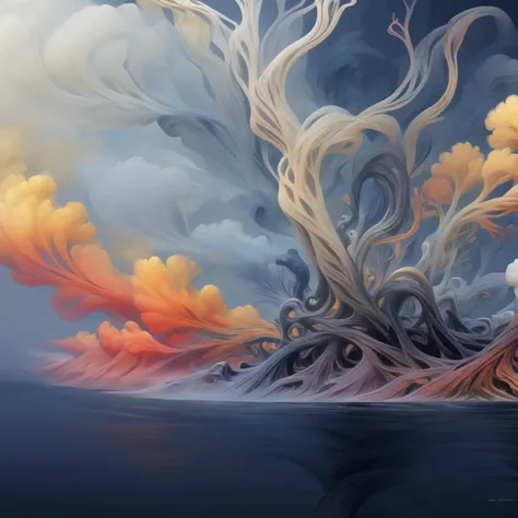 painting of a tree with a huge trunk in the middle of a lake