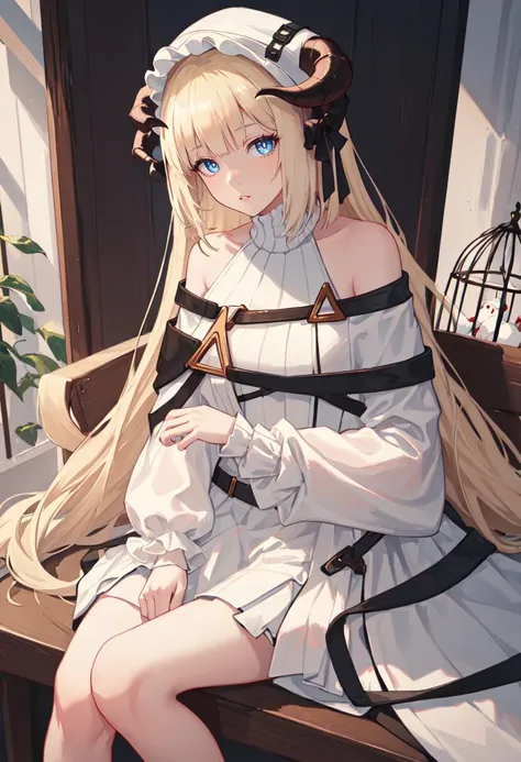 best quality, masterpiece, highres, solo, (nightingale_arknights:1.10), 1girl, horns through headwear, long sleeves, sitting, white dress, bare shoulders, birdcage, looking at viewer, parted lips, demon horns, off shoulder, sweater, 4 <lora:nightingale_ark...