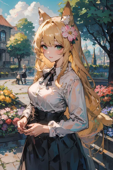 masterpiece,best quality,cowboy shot,1girl,solo,looking at viewer,green eyes,flower,animal ears,blonde hair,long hair,hair ornament,hair flower,medium breasts,collared shirt,white shirt,black dress,long sleeves,outdoors,garden,cloud,<lora:Shinken-v1:0.7>,