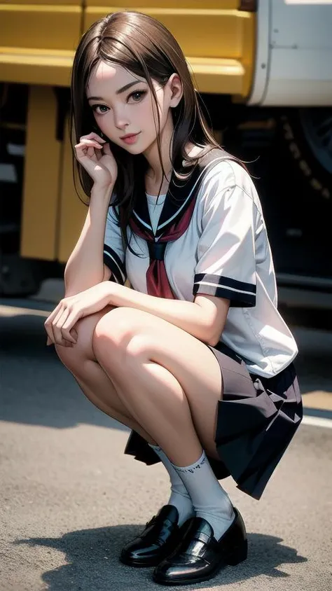 squat:1.4, full body:1.2, schoolgirl, long hair, brown hair, brown eyes, (perfect skin, realistic skin), seifuku, white shirt, white socks, fine fabric emphasis, smile, <lora:TakagiSan-clasicStyle-000008:0.60>, TakagiSanFirstStyle, (master piece:1.4, best...