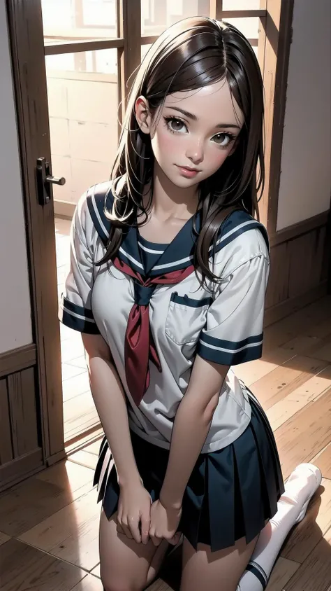 indoor, kneeling:1.2, schoolgirl, long hair, brown hair, brown eyes, (perfect skin, realistic skin), seifuku, white shirt, white socks, white panty, fine fabric emphasis, sexy:1.1, smile, <lora:TakagiSan-clasicStyle-000008:0.60>, TakagiSanFirstStyle, (mas...