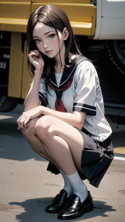 arafed asian woman in uniform crouching down on the ground