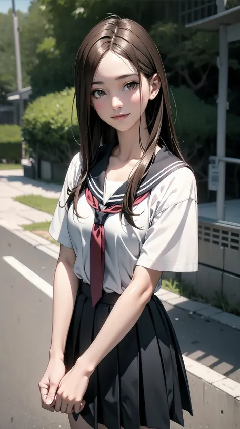 cowboy shot, standing, schoolgirl, long hair, brown hair, brown eyes, (perfect skin, realistic skin), seifuku, white shirt, white socks, fine fabric emphasis, slightly smile, <lora:TakagiSan-clasicStyle-000008:0.60>, TakagiSanFirstStyle, (master piece:1.4...