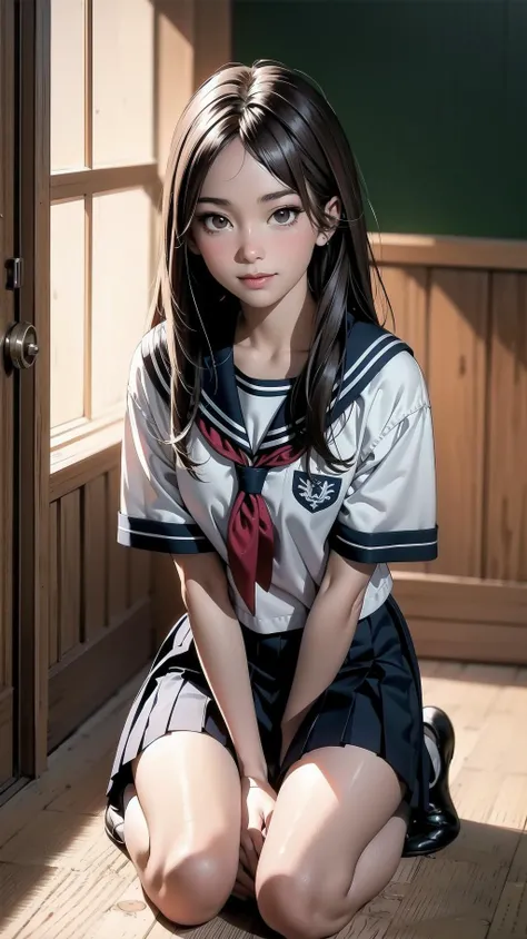 indoor, kneeling:1.2, schoolgirl, long hair, brown hair, brown eyes, (perfect skin, realistic skin), seifuku, white shirt, white socks, white panty, fine fabric emphasis, sexy:1.1, smile, <lora:TakagiSan-clasicStyle-000008:0.60>, TakagiSanFirstStyle, (mas...