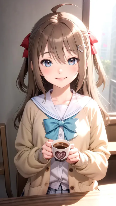 <lora:NeuroTEST:0.4> neuro-sama, 1girl, blush, hair ribbon, hair ornament, ahoge, looking at viewer, heart hair ornament, school uniform, shirt, smile, cardigan, closed mouth, brown cardigan, coffee shop, ambient light,