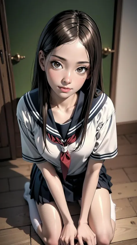 indoor, kneeling:1.2, schoolgirl, long hair, brown hair, brown eyes, (perfect skin, realistic skin), seifuku, white shirt, white socks, white panty, fine fabric emphasis, sexy:1.1, smile, <lora:TakagiSan-clasicStyle-000008:0.60>, TakagiSanFirstStyle, (mas...