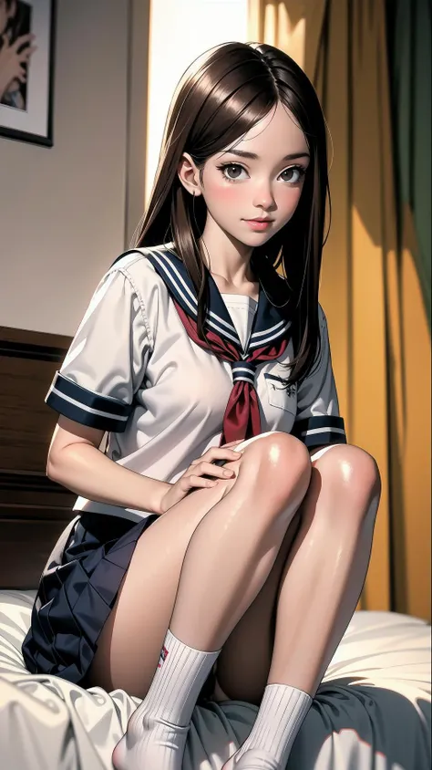 indoor, bedroom, sitting on bed:1.1, ((W sitting)), schoolgirl, long hair, brown hair, brown eyes, (perfect skin, realistic skin), seifuku, white shirt, white socks, white panty, fine fabric emphasis, sexy:1.1, smile, blush:1.2,  <lora:TakagiSan-clasicStyl...