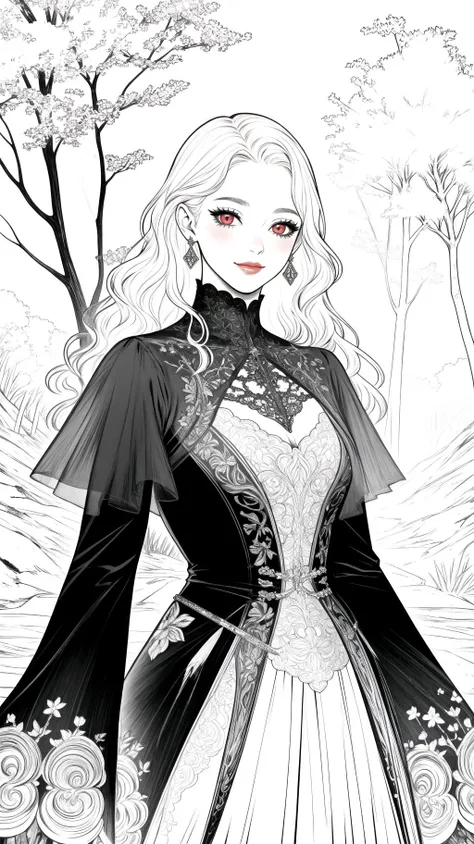 (masterpiece best quality), lineart, monochrome, 1girl, intricate details, cowboy shot, fullbody, beautiful girl, blonde hair, glowing red eyes, sharp jawline, blush, lips, upper body, looking at viewer, smirk, rotten earth, bu,rned trees, bloody sky, <lor...