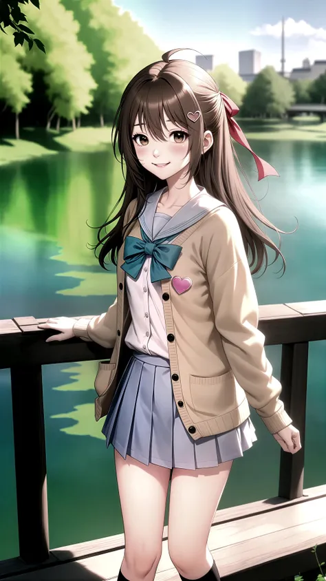 anime girl in a school uniform standing on a bridge by a lake