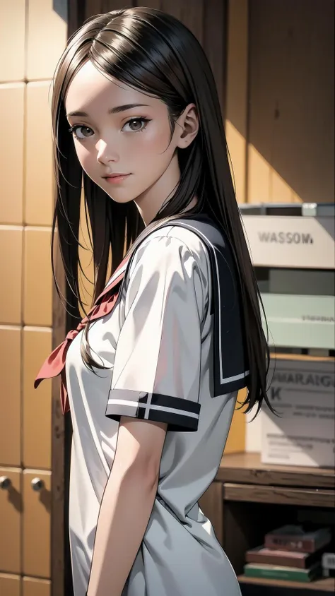 anime girl in uniform posing in front of a locker