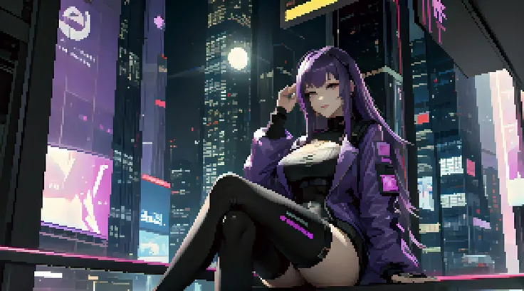 cyberpunk, skyscraper, (bokeh, best quality, masterpiece, highres:1) 1girl, purple hair, sitting, crossed legs, wide angle, stocking