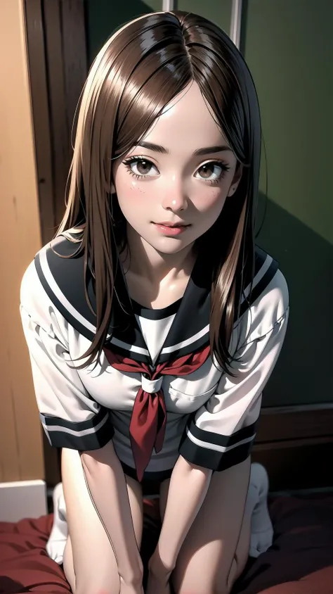 indoor, kneeling:1.2, schoolgirl, long hair, brown hair, brown eyes, (perfect skin, realistic skin), seifuku, white shirt, white socks, white panty, fine fabric emphasis, sexy:1.1, smile, <lora:TakagiSan-clasicStyle-000008:0.60>, TakagiSanFirstStyle, (mas...
