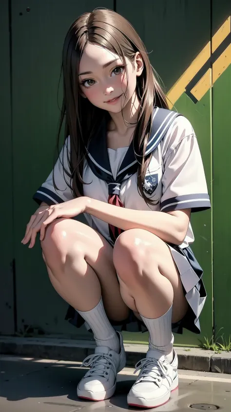 squat:1.4, full body:1.2, schoolgirl, long hair, brown hair, brown eyes, (perfect skin, realistic skin), seifuku, white shirt, white socks, fine fabric emphasis, smile,  <lora:TakagiSan-clasicStyle-000008:0.60>, TakagiSanFirstStyle, (master piece:1.4, best...