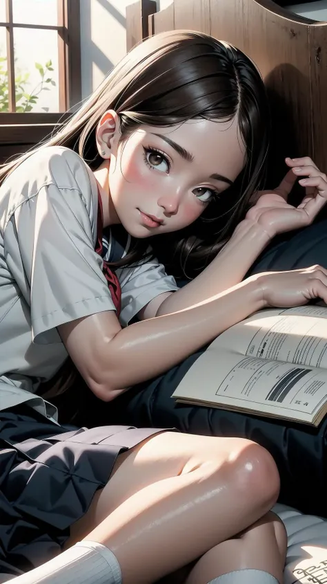 anime girl reading a book while laying on a bed