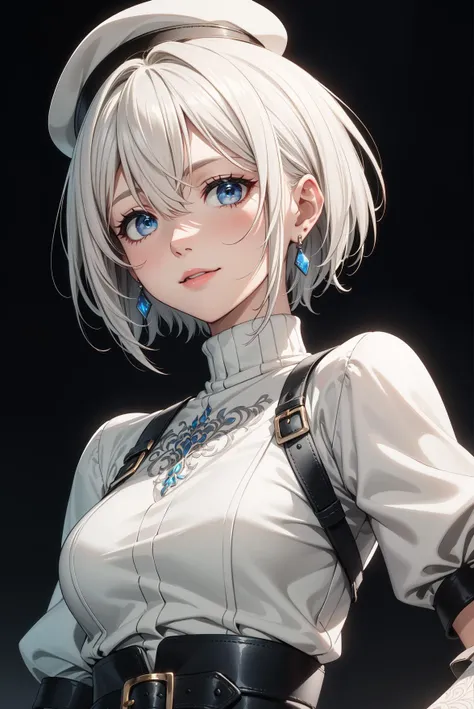 (masterpiece, best quality), intricate details, 
hm2b, short hair, gray hair, blue eyes, beautiful eyes, white skin, b2, sweater, gloves, earrings, hat, boots,
slight smile, close-up, looking at viewer, blurred background, <lora:add_detail_v5:0.3>,  <lora:...