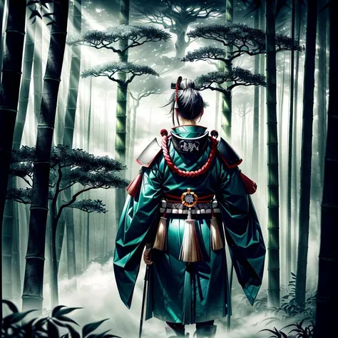 ((a samurai warrior stand alone in the dark forest, sengoku period, ultra detailed landscape, mystic landscape, mystic atmosphere, giant  bamboos, giant trees, flying tree leaves, fog, lightening)), ((master piece)), (best quality), (cinematic lighting), h...