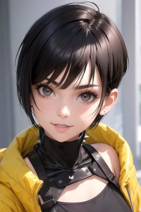 spiky bald hairstyle, short hair, mexican skin, gloves, Fishnet tight, fishnet crop top military, 1girl ,dark black hair, ((hair cut super short,)), soft Brown eyes, smile lips,