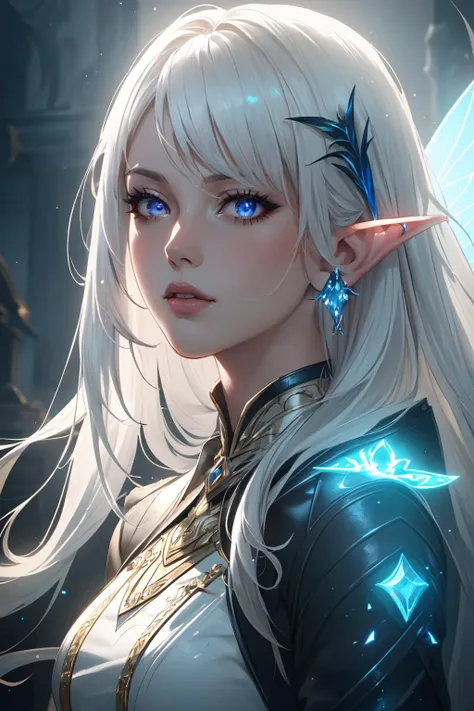 (masterpiece), (extremely intricate), fantasy, (((realistic depiction of a mystical dark elf, female, enchanting, ethereal face, pointed ears, flowing hair, Bioluminescent Elements, Fairy Lights, Magical Glow))), (((darkish magical setting, mystical ambian...