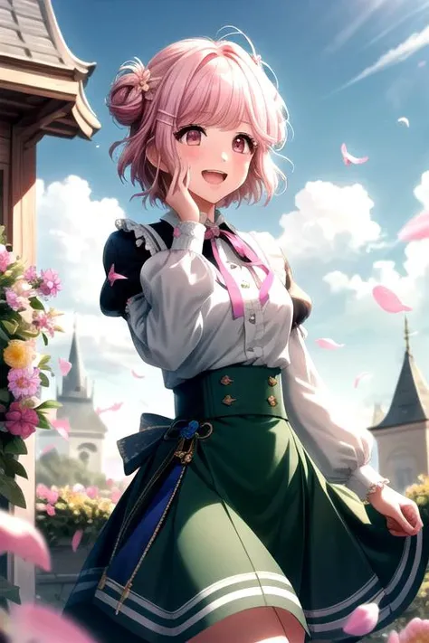 <lora:MiyuD4DJ-05:0.7> , miyusakurada, looking at viewer, blush, smile, open mouth, skirt, shirt, hair ornament, long sleeves, ribbon, medium breasts, white shirt, flower, :d, outdoors, frills, sky, teeth, day, hairclip, puffy sleeves, collared shirt, clou...