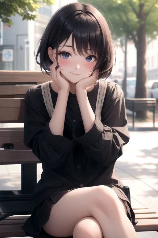 (8K, high resolution), (masterpiece, best quality:1.2), depth of field, perfect anatomy, short hair, 
cute girl sitting on park bench, looking at viewer, blush, smile, hands on own face,