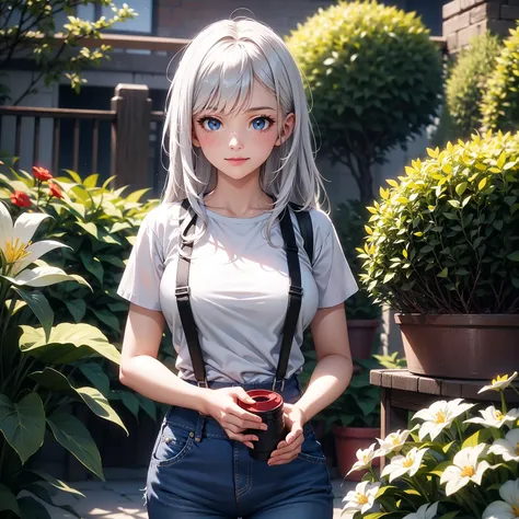 a girl is watering the flowers in the garden, light beams, long hair, white hair, blue eyes, cute, beauty, detailed face, freckle, smile, plain white shirt, short jeans with suspenders, white and blue outfit, afternoon, (mater piece, best quality, 8K, UHD,...