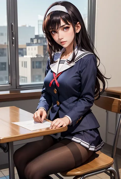 (masterpiece, best quality), 1girl, <lora:kasumigaoka_utaha_v2-1:0.8> aautaha, long hair, black hair, hairband, school uniform, sailor collar, blue blazer, long sleeves, pleated skirt, blue skirt, black pantyhose,