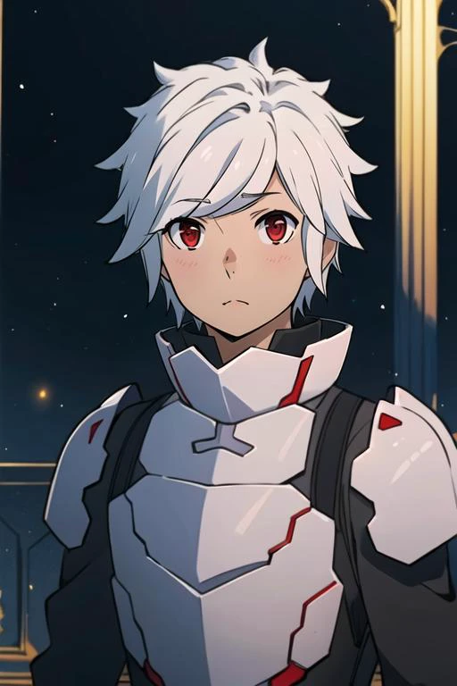 (best quality:1.1), (masterpiece:1.4), wallpaper, 1boy, solo, male focus, looking at viewer, upper body, , , realistic, <lora:bell_cranel:0.98>, bell_cranel, white hair, red eyes, decade costume, sci-fi, HDR