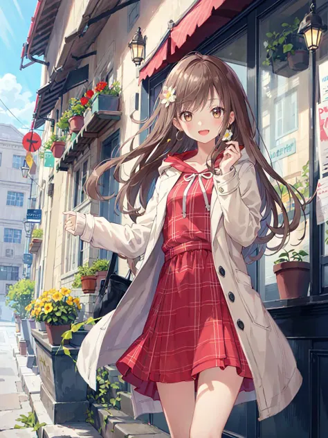 best quality, ultra detailed, flower, plant, potted_plant, plaid, earrings, vines, leaf, sky, red_flower, yellow_flower, jewelry, looking_at_viewer, plaid_dress, brown_hair, brown eyes, purple_flower, open_clothes, plaid_skirt, long_hair, jacket, open_mout...