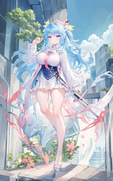 masterpiece, best quality, ultra detailed, <lora:CrystalfruitV2:1>, white shirt, detailed face, colorful clothing, park, sky, trees, full body, blue hair,  blonde eyes, white_stockings, smile ,<lyco:short stack:1.0>, gigantic breasts,