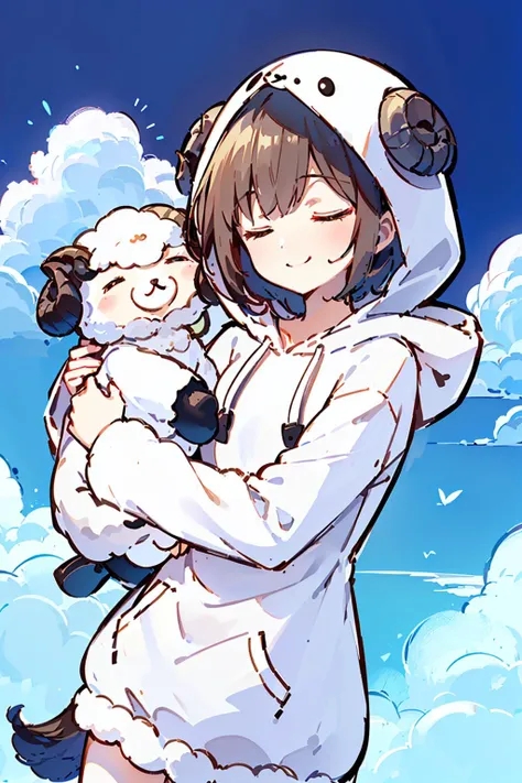 ((masterpiece, best quality)), (a sleeping cute closed-eyes suyasuya smile face mokomoko eating her hair white-sheep hooded kigurumi brown-short-hair girl is headlock a me-me-  mini sheep stuffed-animal, in the dream, levitation:1.2), she on the fuwafuwa w...