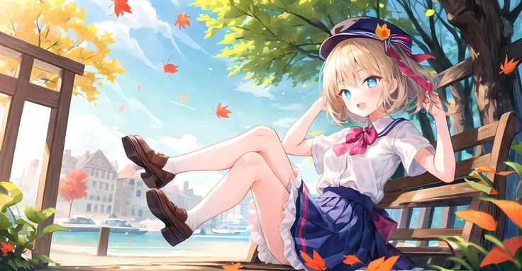 beautiful illustration,(1girl:1.2),petite,best quality, cute girl,park,fal,cloud,falling petals,short sleeves,bright lighting,open_mouth,(hand in own hair:1.2),(frilled skirt:1),baret,(two_legs:1.2), <lora:add_detail:0.5>