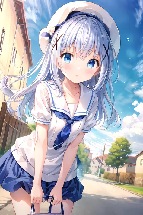 anime girl with blue eyes and white hair carrying a blue purse